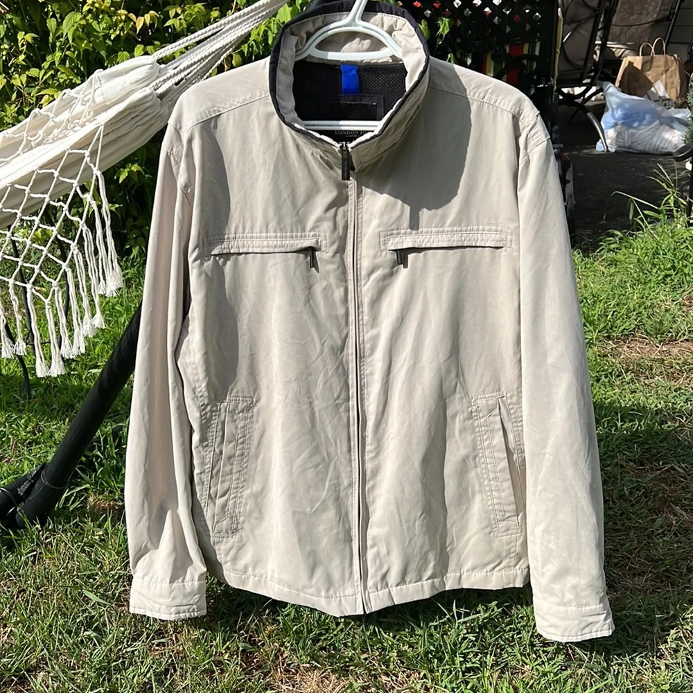 London Fog Beige Litchfield Zip Up Jacket Large Faux Suede Neutral Coat